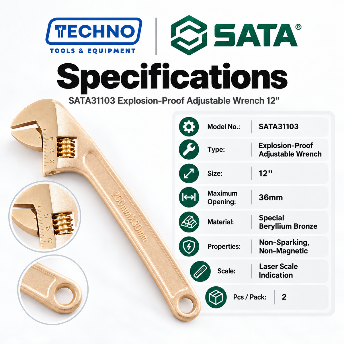 Shop SATA31103 12" explosion-proof adjustable wrench in non-sparking, non-magnetic beryllium bronze. 36mm max opening with laser scale.