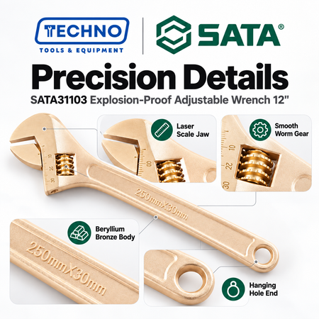Shop SATA31103 12" explosion-proof adjustable wrench in non-sparking, non-magnetic beryllium bronze. 36mm max opening with laser scale.