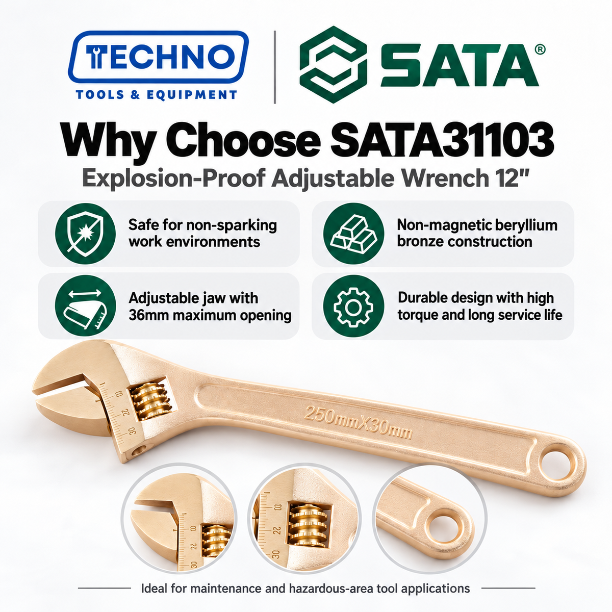 Shop SATA31103 12" explosion-proof adjustable wrench in non-sparking, non-magnetic beryllium bronze. 36mm max opening with laser scale.