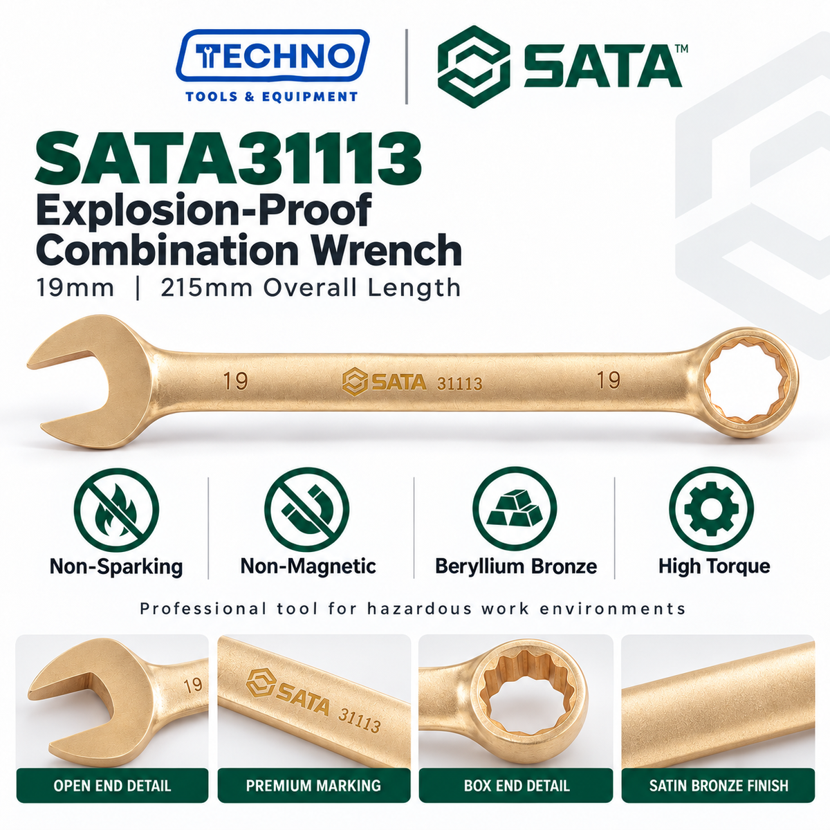 Shop SATA31113 19mm explosion-proof combination wrench in beryllium bronze, free of spark and magnetism. 215mm overall length.