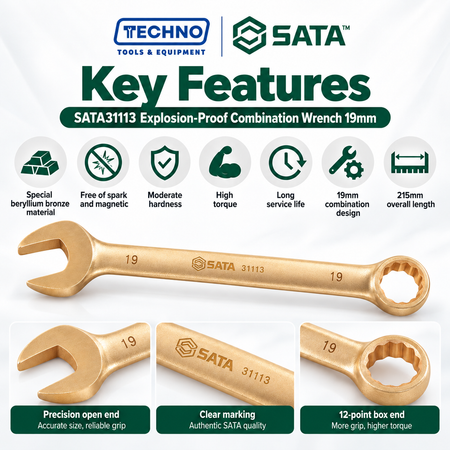 Shop SATA31113 19mm explosion-proof combination wrench in beryllium bronze, free of spark and magnetism. 215mm overall length.