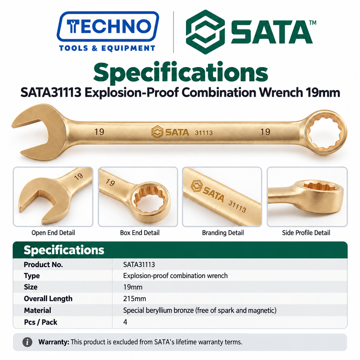 Shop SATA31113 19mm explosion-proof combination wrench in beryllium bronze, free of spark and magnetism. 215mm overall length.