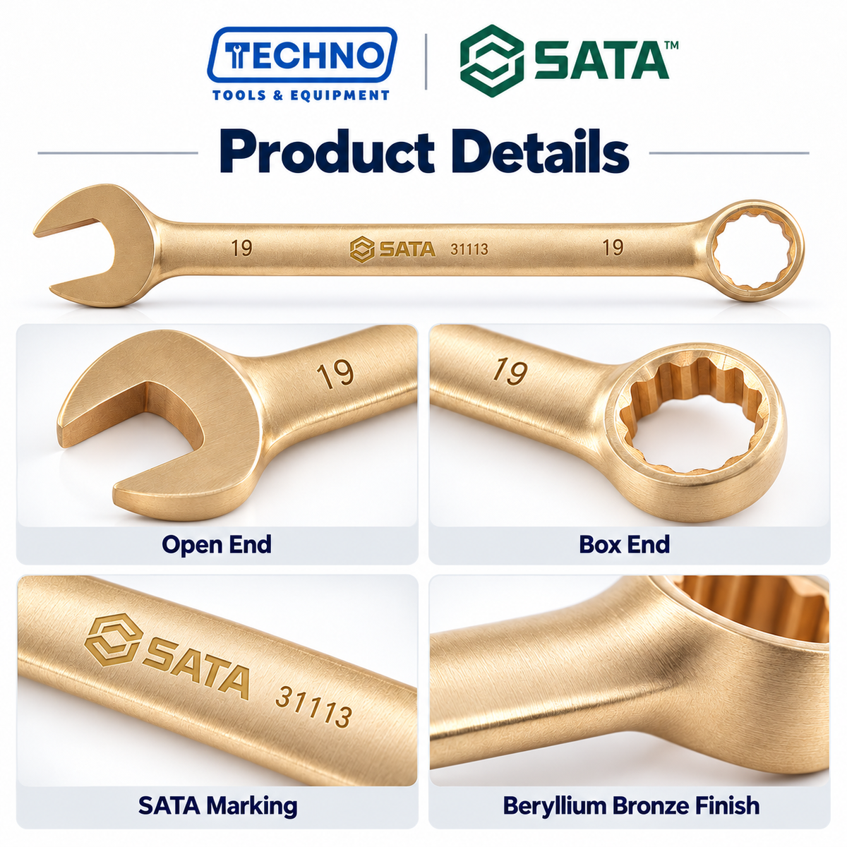 Shop SATA31113 19mm explosion-proof combination wrench in beryllium bronze, free of spark and magnetism. 215mm overall length.