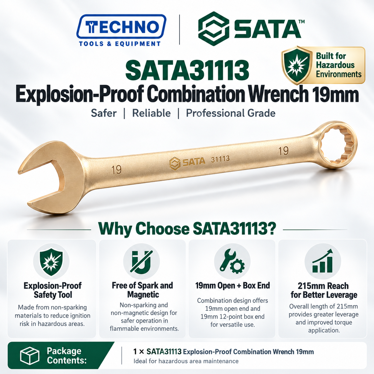 Shop SATA31113 19mm explosion-proof combination wrench in beryllium bronze, free of spark and magnetism. 215mm overall length.