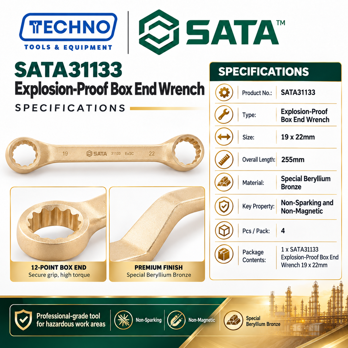 SATA31133 Explosion-Proof Box End Wrench 19x22mm, Non-Sparking SATA