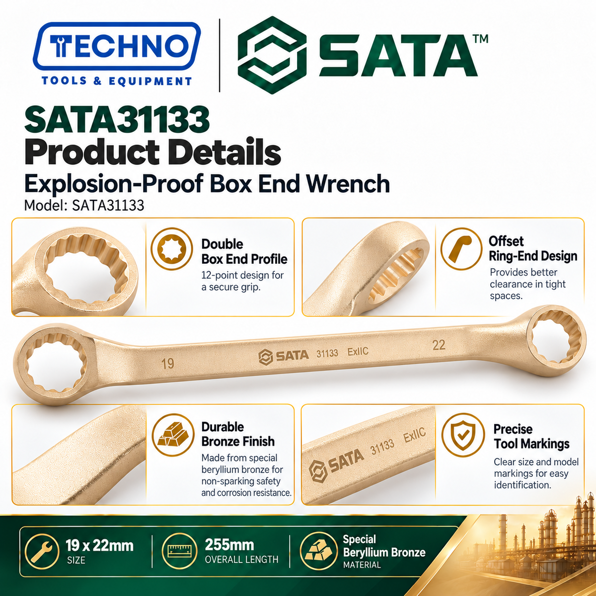 SATA31133 Explosion-Proof Box End Wrench 19x22mm, Non-Sparking SATA