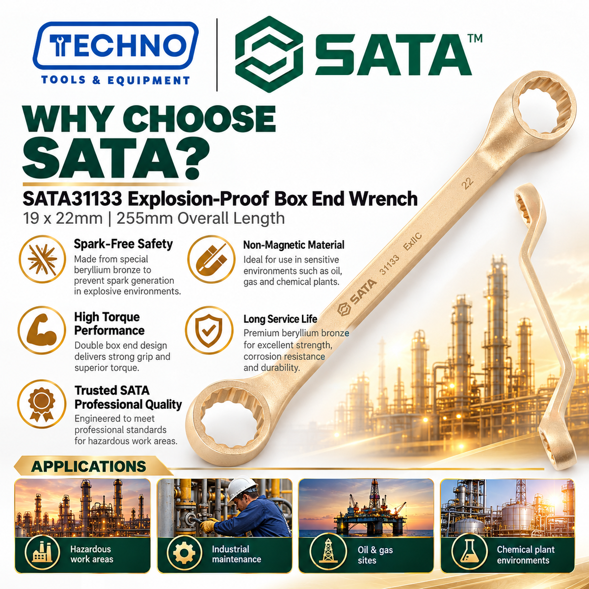 SATA31133 Explosion-Proof Box End Wrench 19x22mm, Non-Sparking SATA