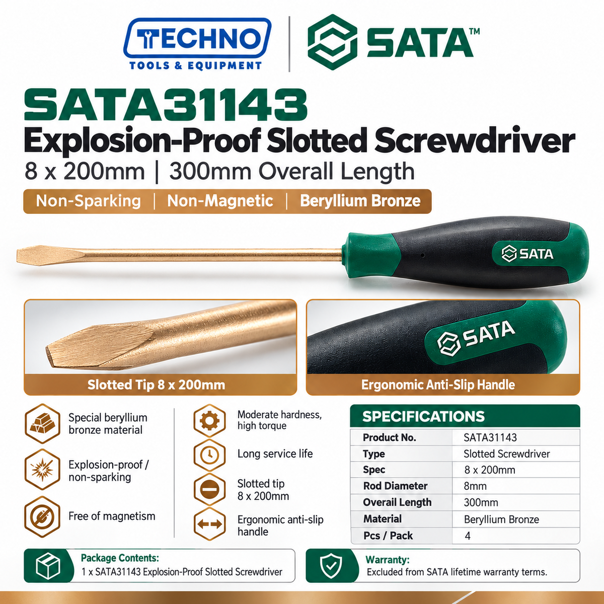 Shop SATA31143 explosion-proof slotted screwdriver 8x200mm in beryllium bronze, free of spark and magnetism. 300mm overall length.