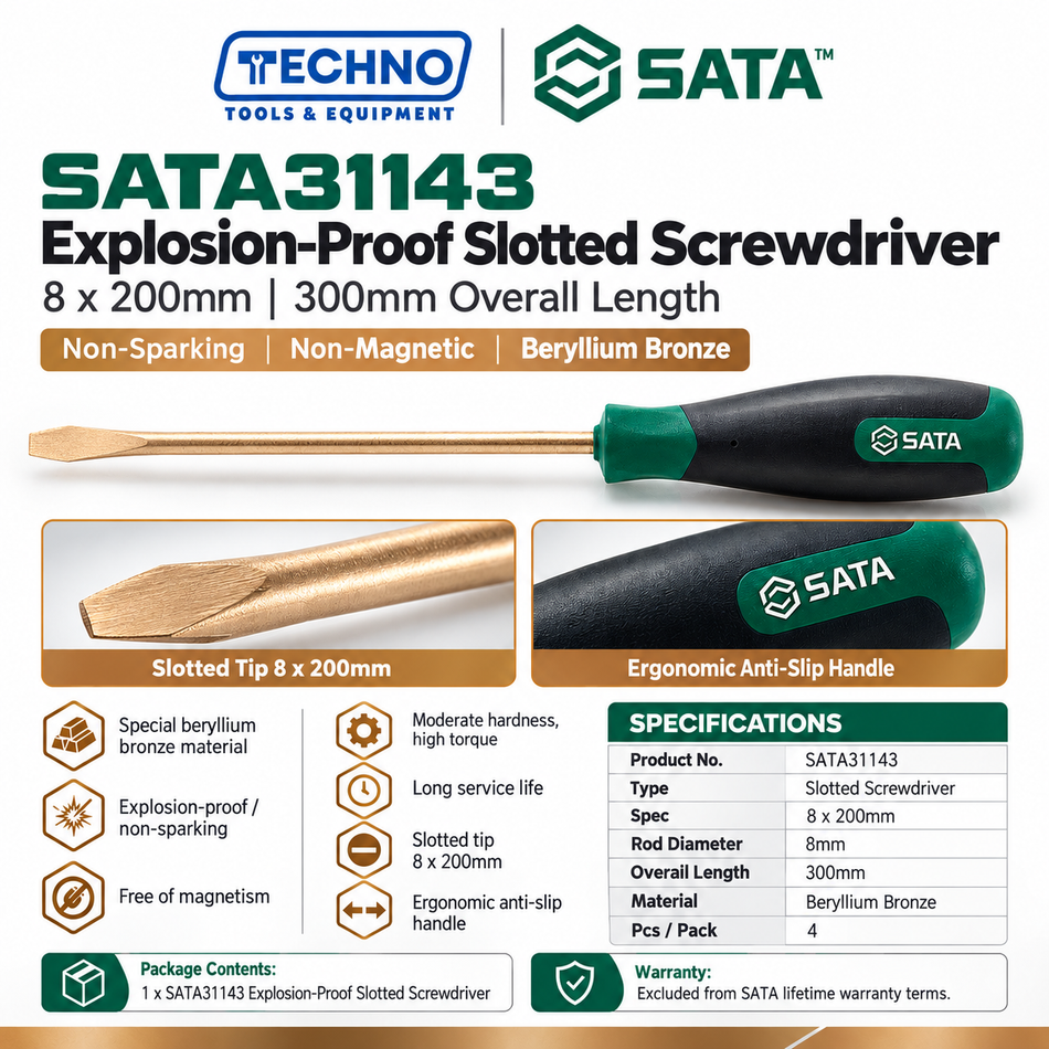 Shop SATA31143 explosion-proof slotted screwdriver 8x200mm in beryllium bronze, free of spark and magnetism. 300mm overall length.
