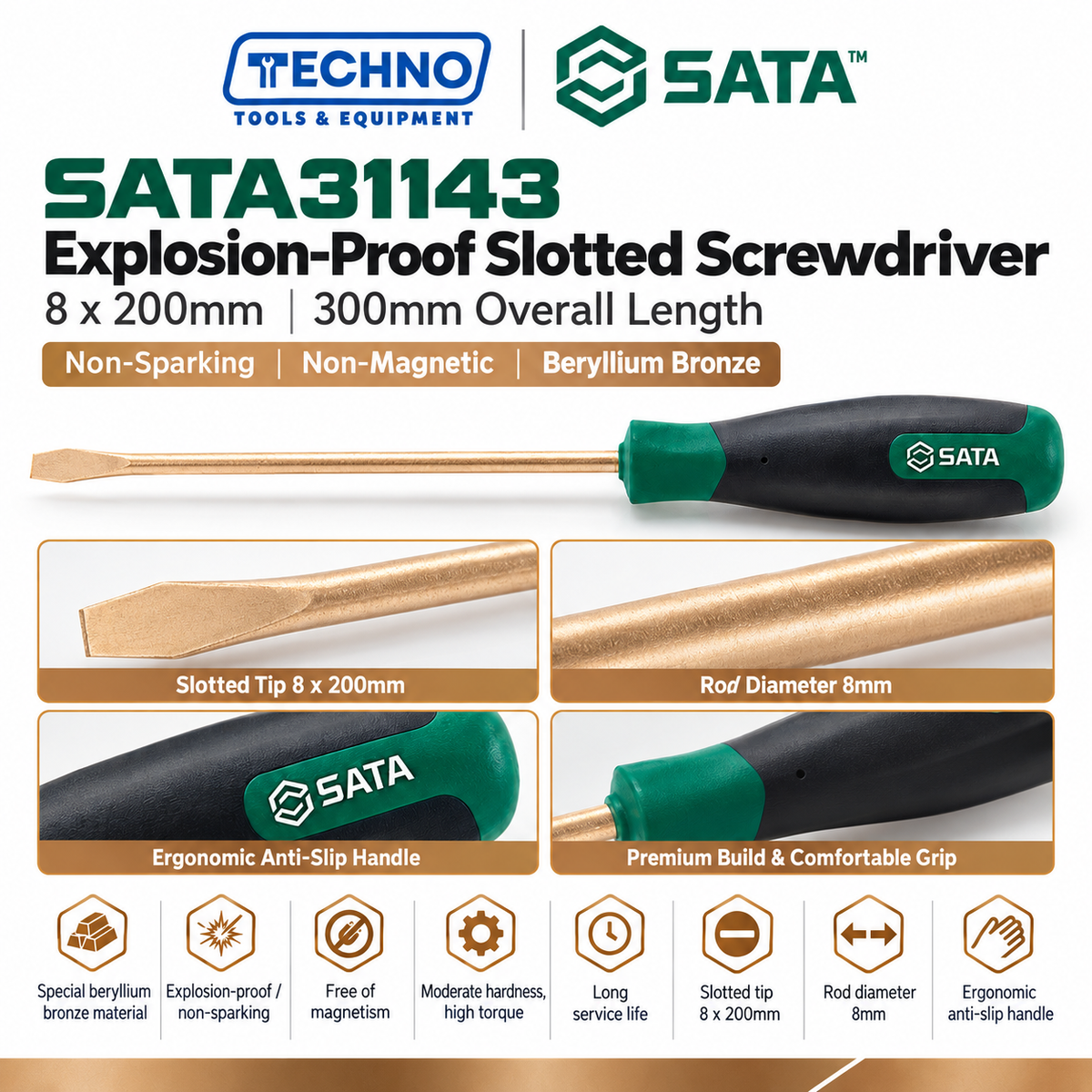 Shop SATA31143 explosion-proof slotted screwdriver 8x200mm in beryllium bronze, free of spark and magnetism. 300mm overall length.
