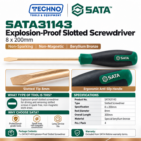 Shop SATA31143 explosion-proof slotted screwdriver 8x200mm in beryllium bronze, free of spark and magnetism. 300mm overall length.