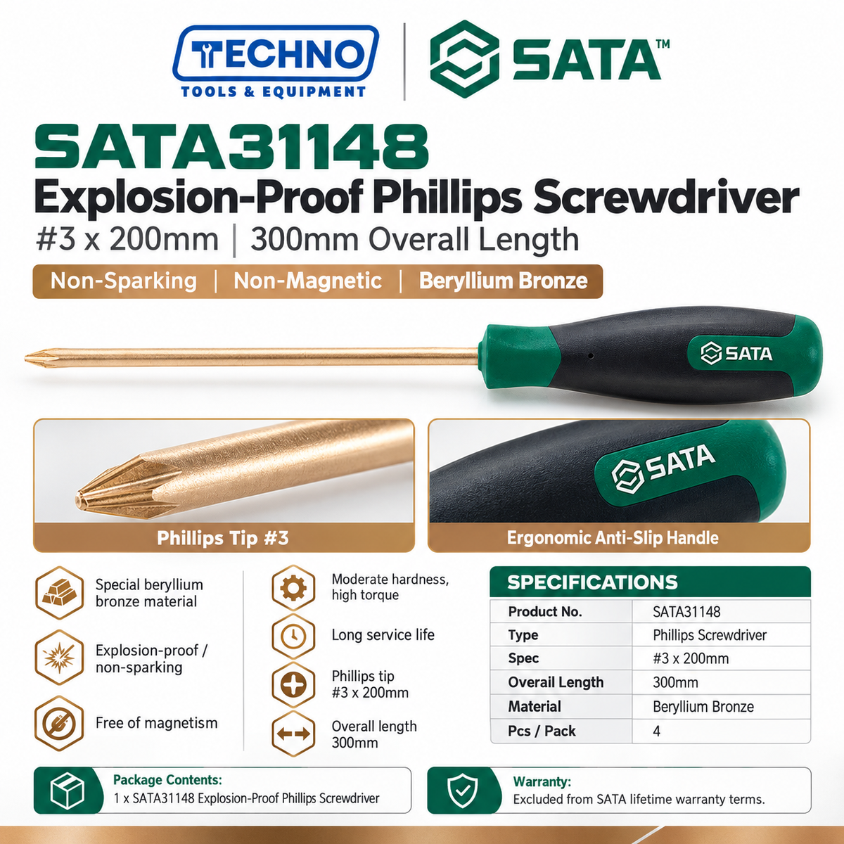 Shop SATA31148 explosion-proof Phillips screwdriver #3x200mm in beryllium bronze, free of spark and magnetism. 300mm overall length.