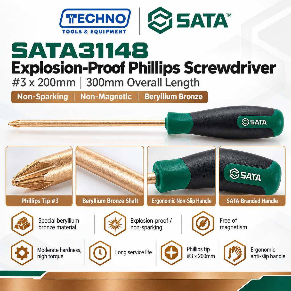 Shop SATA31148 explosion-proof Phillips screwdriver #3x200mm in beryllium bronze, free of spark and magnetism. 300mm overall length.