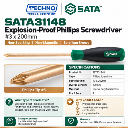 Shop SATA31148 explosion-proof Phillips screwdriver #3x200mm in beryllium bronze, free of spark and magnetism. 300mm overall length.