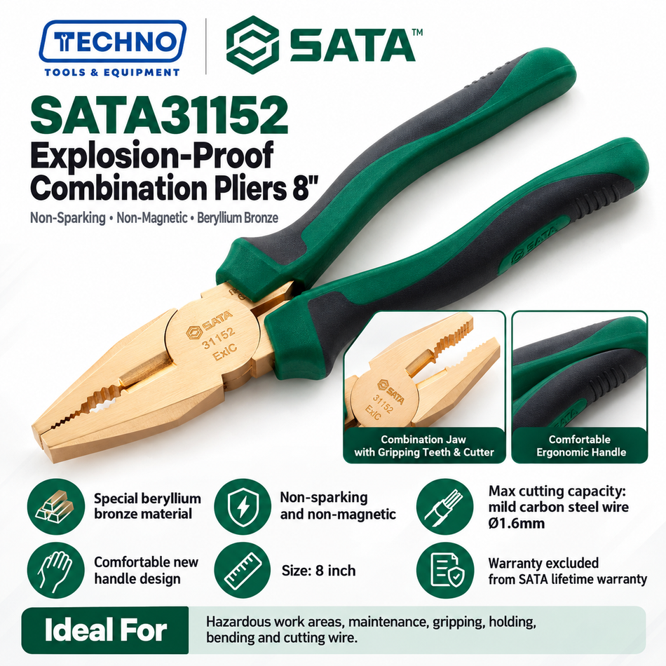 Shop SATA31152 8" explosion-proof combination pliers in beryllium bronze, non-sparking and non-magnetic. Cuts mild steel wire up to Ø1.6mm.