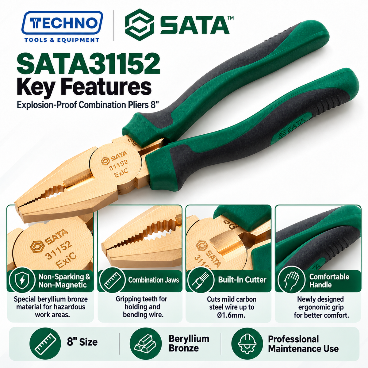Shop SATA31152 8" explosion-proof combination pliers in beryllium bronze, non-sparking and non-magnetic. Cuts mild steel wire up to Ø1.6mm.