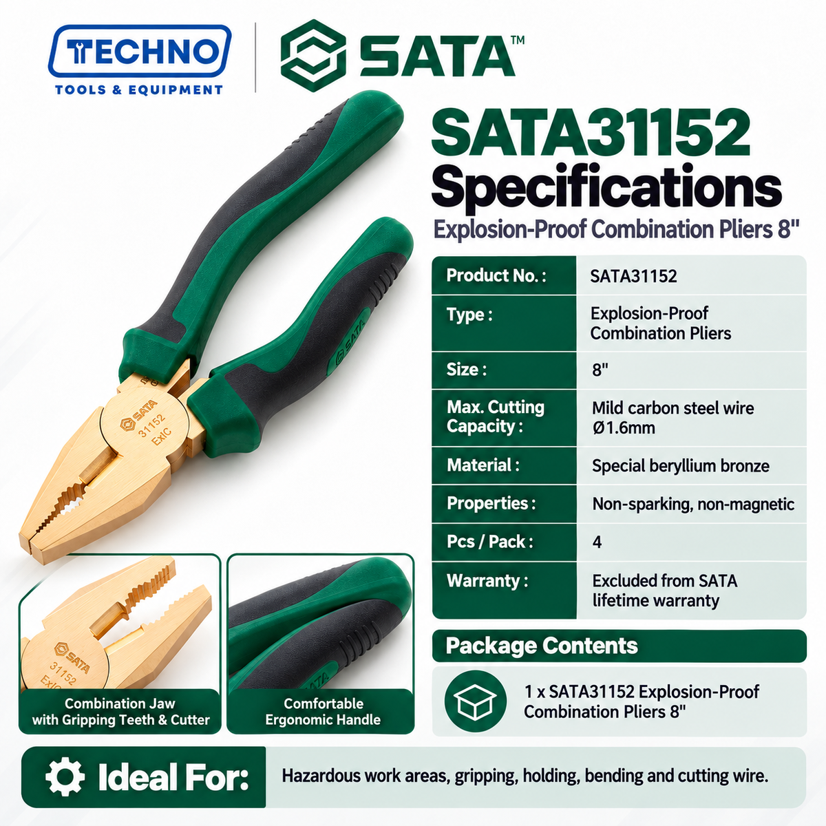 Shop SATA31152 8" explosion-proof combination pliers in beryllium bronze, non-sparking and non-magnetic. Cuts mild steel wire up to Ø1.6mm.