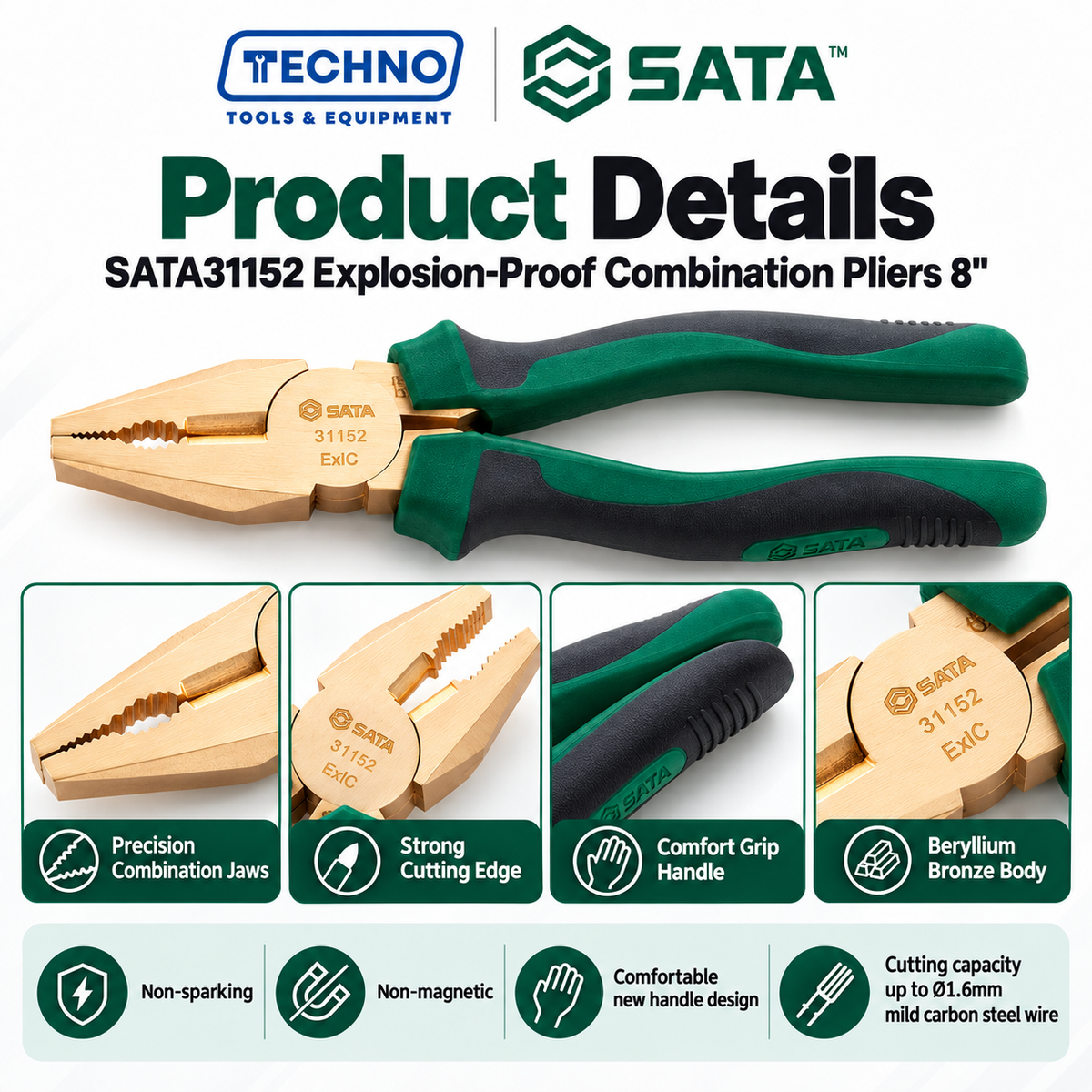 Shop SATA31152 8" explosion-proof combination pliers in beryllium bronze, non-sparking and non-magnetic. Cuts mild steel wire up to Ø1.6mm.