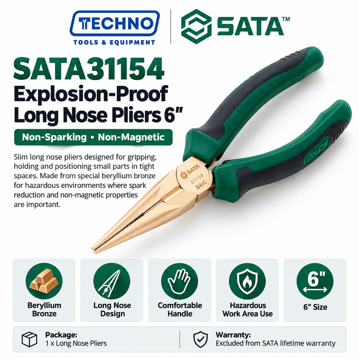 Shop SATA31154 6" explosion-proof long nose pliers in beryllium bronze, non-sparking and non-magnetic, with a comfortable new handle design.