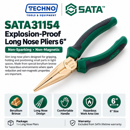 Shop SATA31154 6" explosion-proof long nose pliers in beryllium bronze, non-sparking and non-magnetic, with a comfortable new handle design.