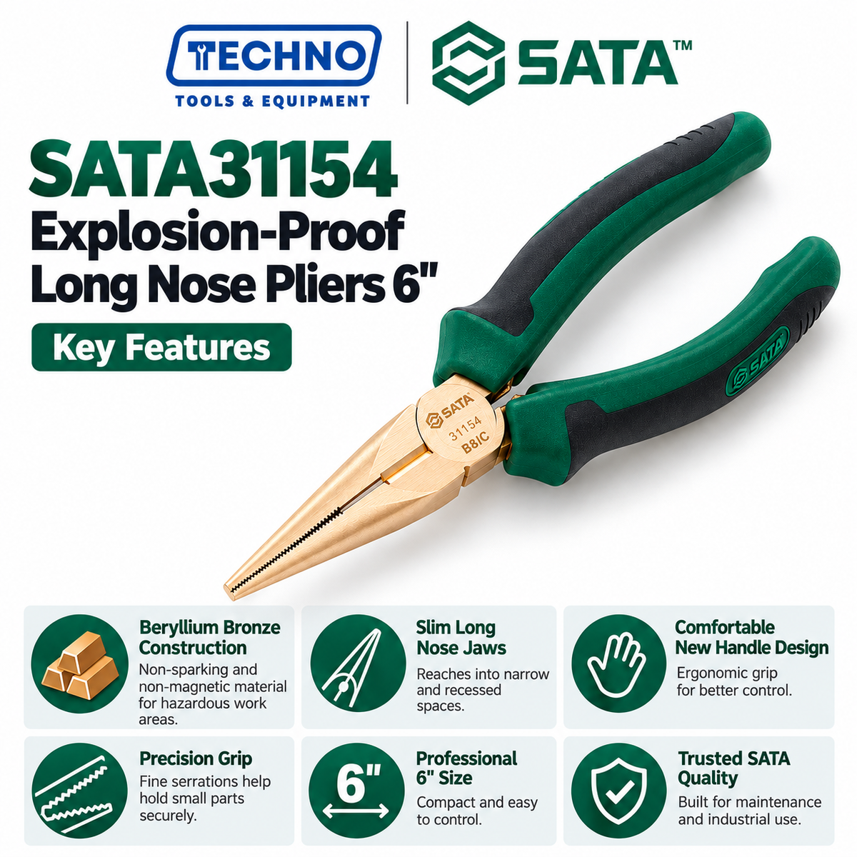 Shop SATA31154 6" explosion-proof long nose pliers in beryllium bronze, non-sparking and non-magnetic, with a comfortable new handle design.