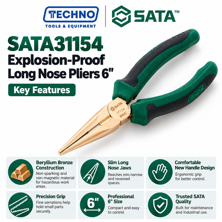 Shop SATA31154 6" explosion-proof long nose pliers in beryllium bronze, non-sparking and non-magnetic, with a comfortable new handle design.
