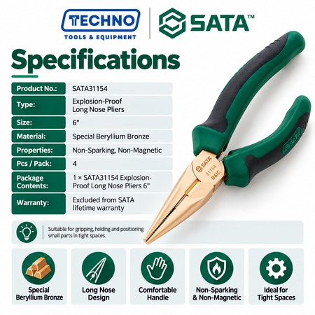 Shop SATA31154 6" explosion-proof long nose pliers in beryllium bronze, non-sparking and non-magnetic, with a comfortable new handle design.