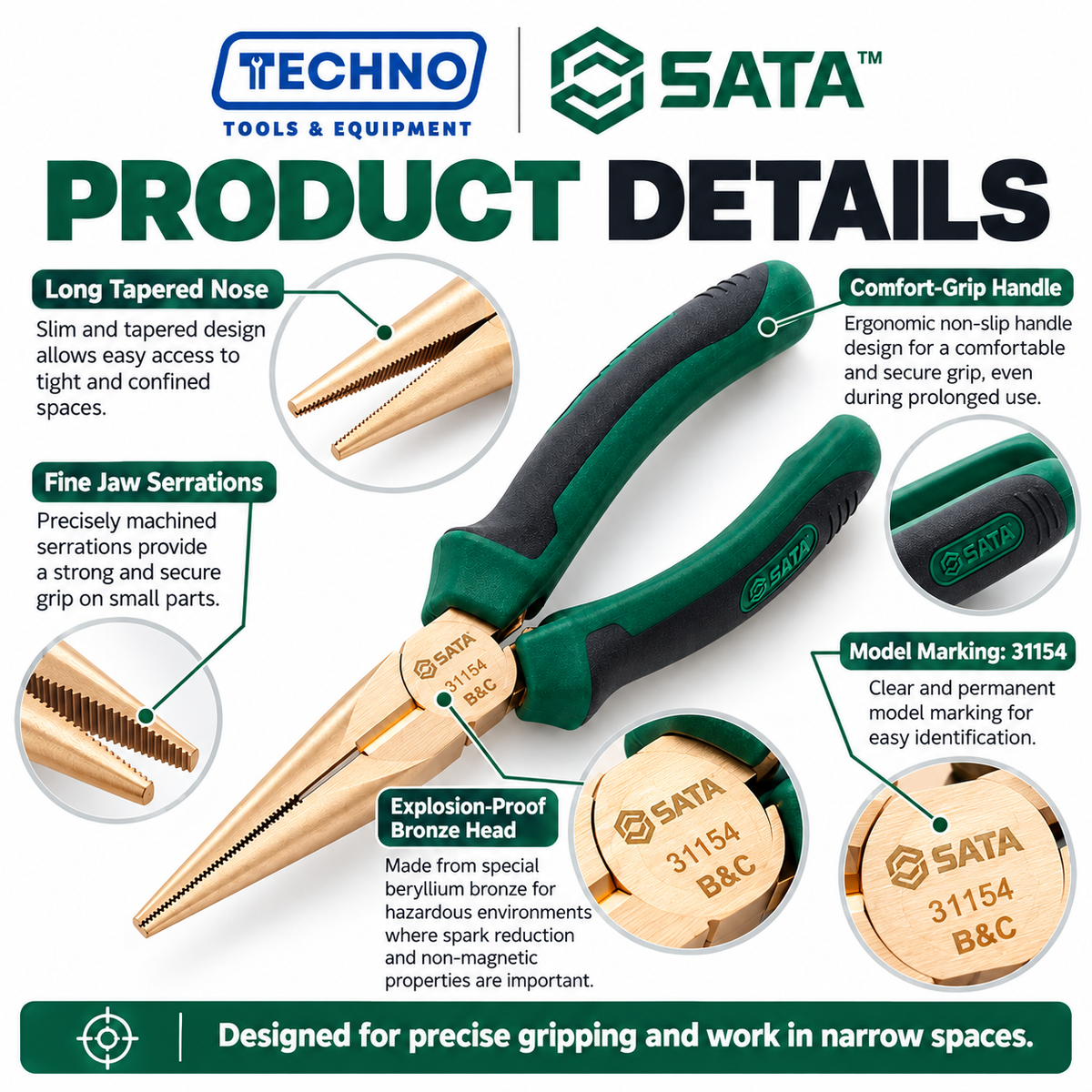 Shop SATA31154 6" explosion-proof long nose pliers in beryllium bronze, non-sparking and non-magnetic, with a comfortable new handle design.