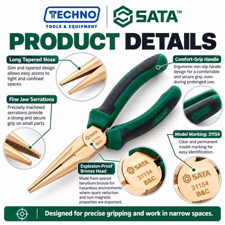 Shop SATA31154 6" explosion-proof long nose pliers in beryllium bronze, non-sparking and non-magnetic, with a comfortable new handle design.