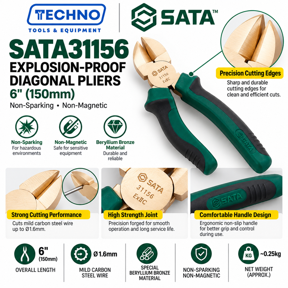 Shop SATA31156 6" explosion-proof diagonal pliers in beryllium bronze, non-sparking and non-magnetic. Cuts mild steel wire up to Ø1.6mm.