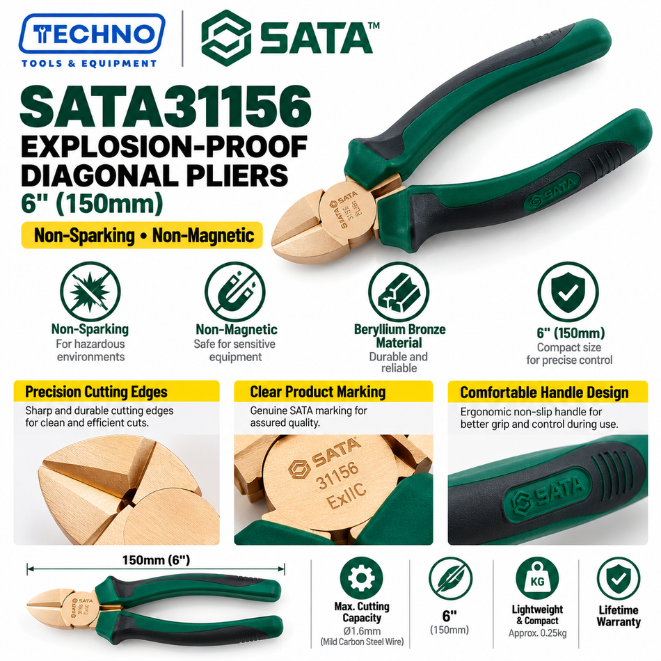Shop SATA31156 6" explosion-proof diagonal pliers in beryllium bronze, non-sparking and non-magnetic. Cuts mild steel wire up to Ø1.6mm.