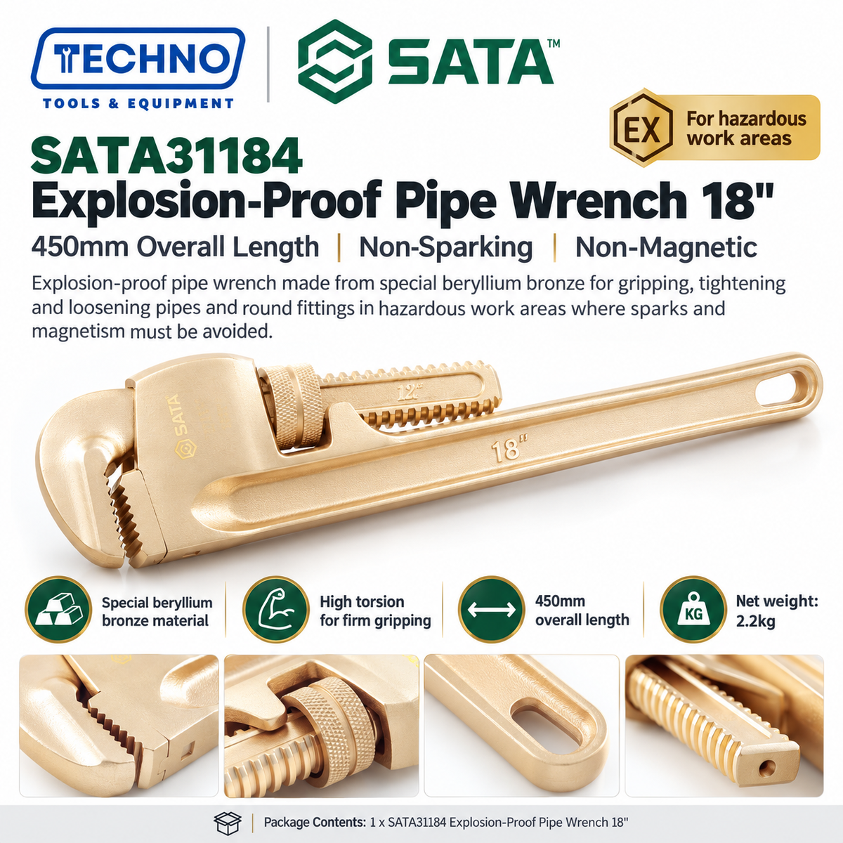 Shop SATA31184 18" explosion-proof pipe wrench in beryllium bronze, free of spark and magnetism. 450mm overall length, high torsion strength.