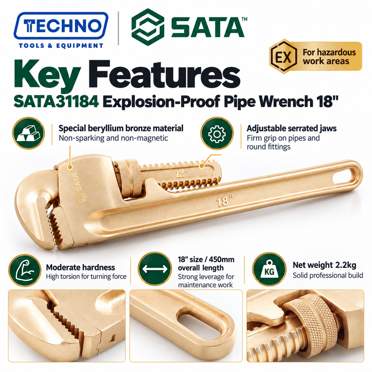 Shop SATA31184 18" explosion-proof pipe wrench in beryllium bronze, free of spark and magnetism. 450mm overall length, high torsion strength.