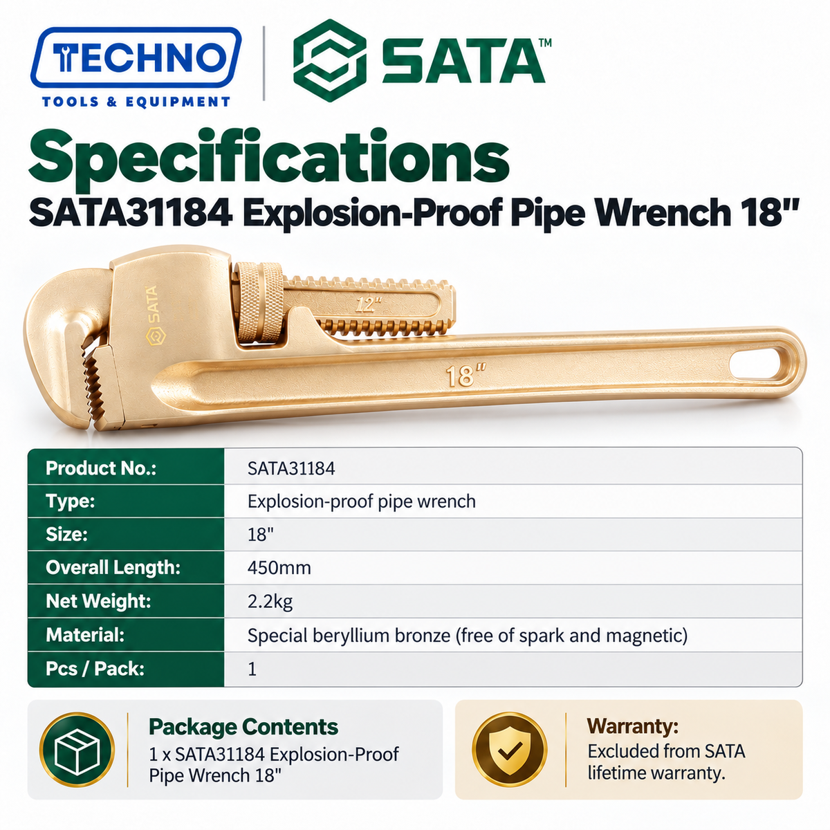 Shop SATA31184 18" explosion-proof pipe wrench in beryllium bronze, free of spark and magnetism. 450mm overall length, high torsion strength.