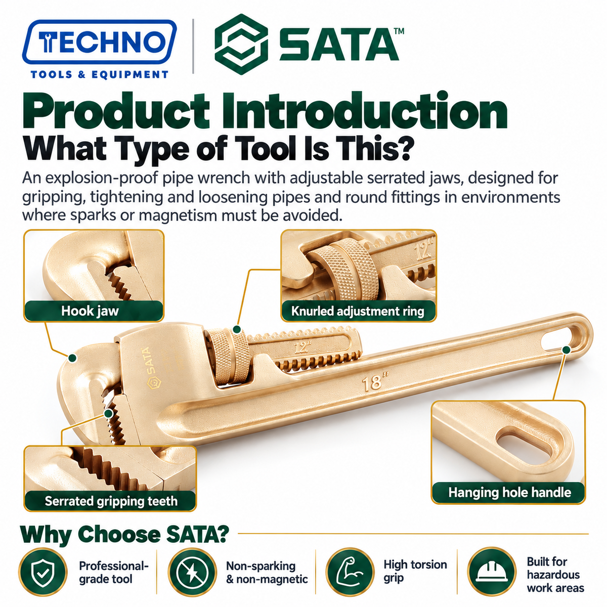 Shop SATA31184 18" explosion-proof pipe wrench in beryllium bronze, free of spark and magnetism. 450mm overall length, high torsion strength.