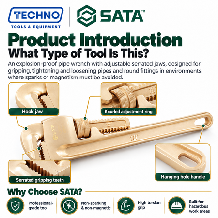 Shop SATA31184 18" explosion-proof pipe wrench in beryllium bronze, free of spark and magnetism. 450mm overall length, high torsion strength.