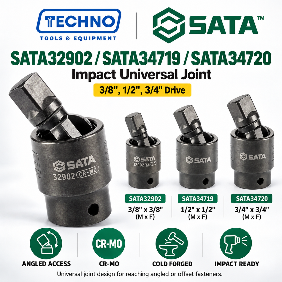Shop SATA32902, SATA34719 and SATA34720 impact universal joints in 3/8", 1/2" and 3/4" drive. CR-Mo cold forged for impact resistance.