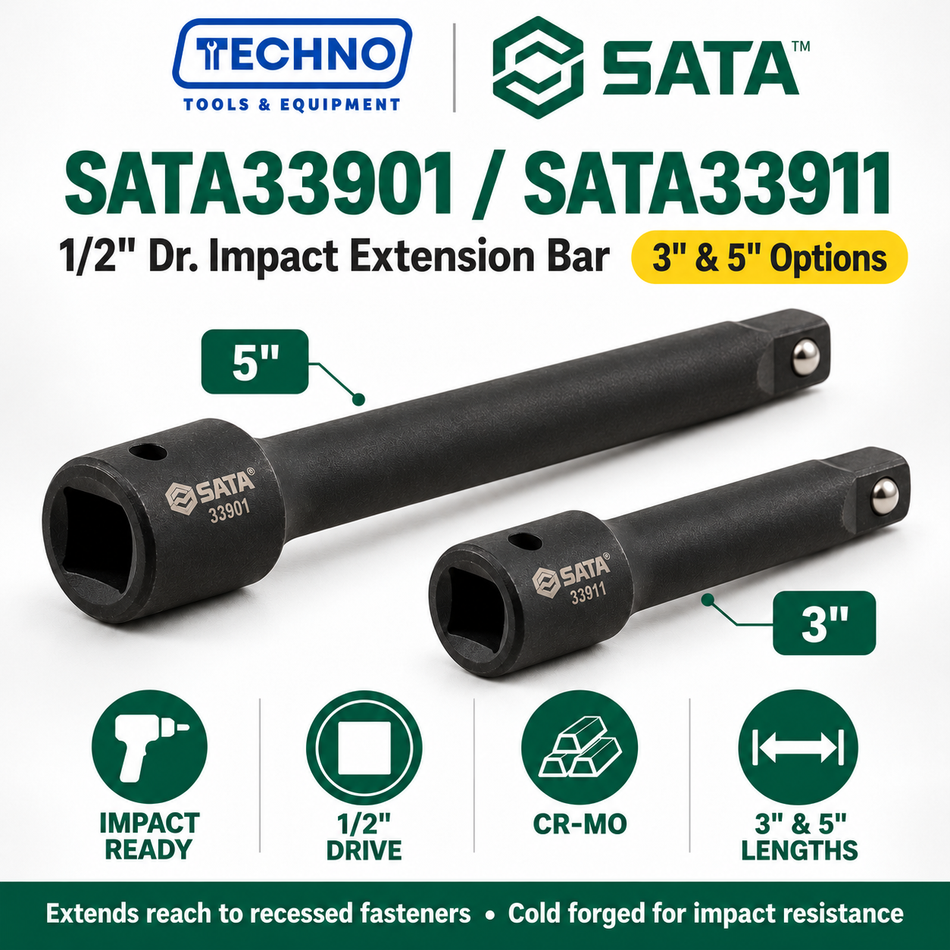 Shop SATA33901 and SATA33911 1/2" Dr. impact extension bars, 3" and 5". CR-Mo cold forged for impact resistance. Order online today.