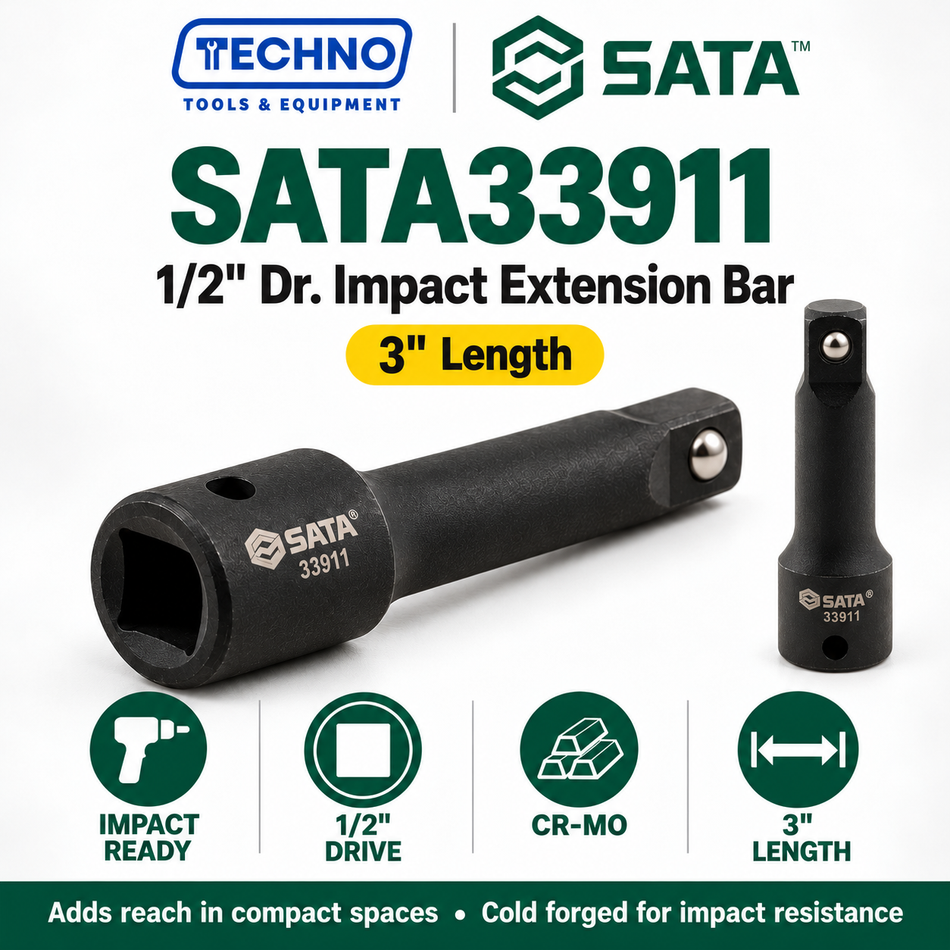 Shop SATA33901 and SATA33911 1/2" Dr. impact extension bars, 3" and 5". CR-Mo cold forged for impact resistance. Order online today.