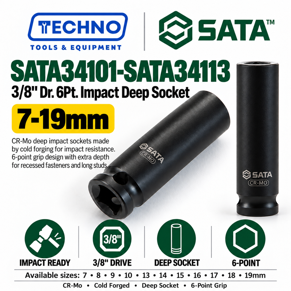Shop SATA34101-SATA34113 3/8" Dr. 6-point impact deep sockets, 7mm to 19mm. CR-Mo cold forged for impact resistance. Order online today.