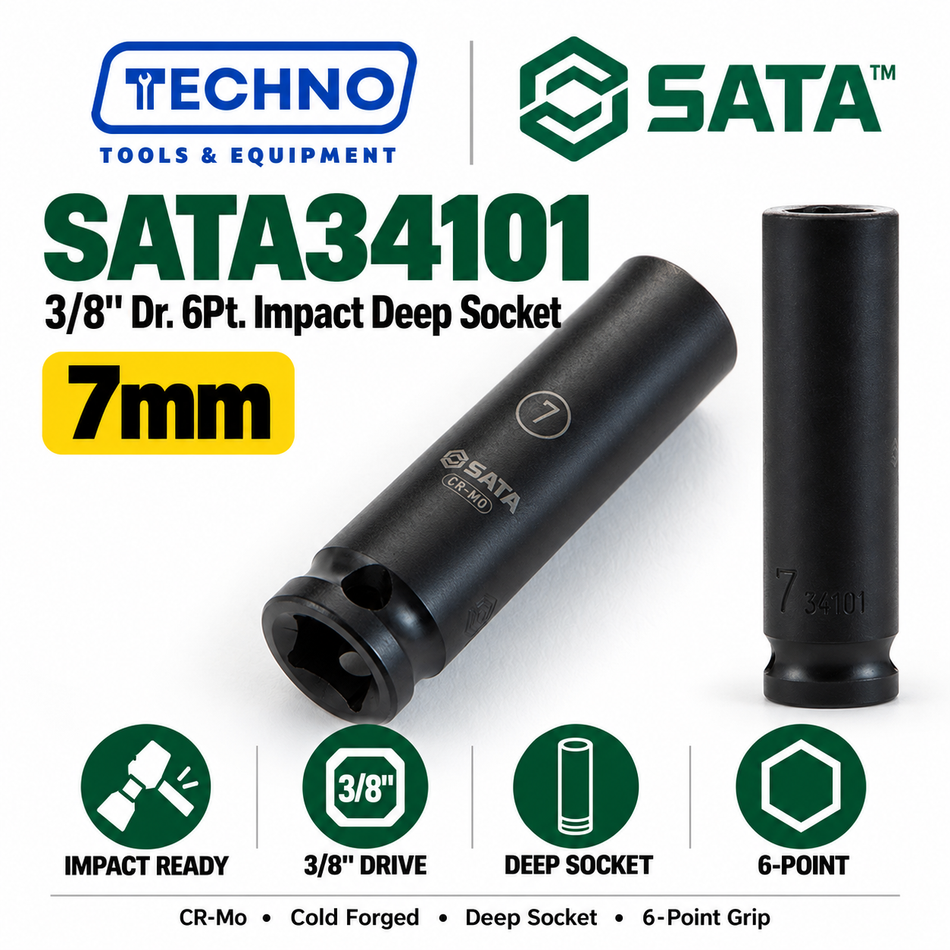 Shop SATA34101-SATA34113 3/8" Dr. 6-point impact deep sockets, 7mm to 19mm. CR-Mo cold forged for impact resistance. Order online today.