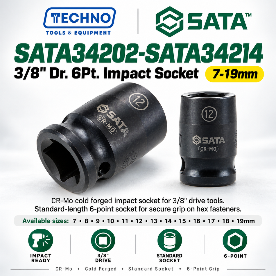 Shop SATA34202-SATA34214 3/8" Dr. 6-point impact sockets, 7mm to 19mm. CR-Mo cold forged for impact resistance. Order online today.