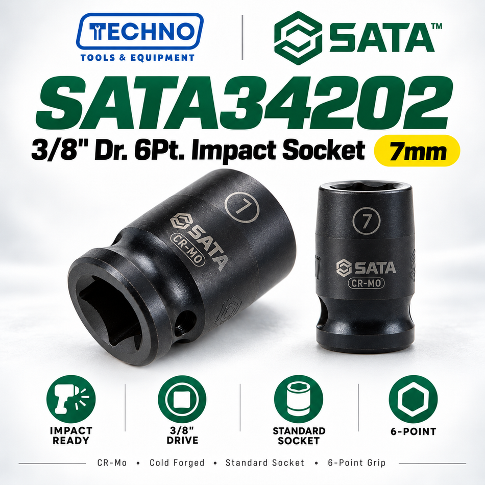 Shop SATA34202-SATA34214 3/8" Dr. 6-point impact sockets, 7mm to 19mm. CR-Mo cold forged for impact resistance. Order online today.
