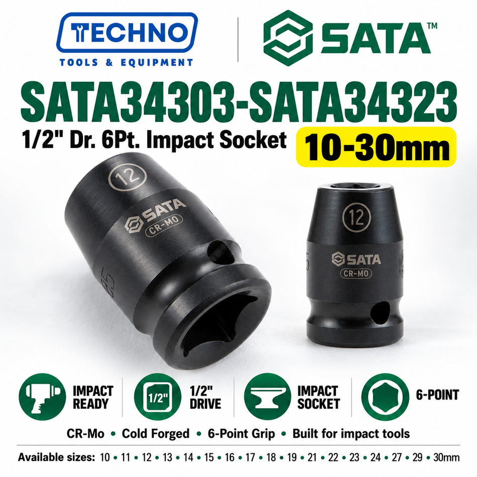 Shop SATA34303-SATA34323 1/2" Dr. 6-point impact sockets, 10mm to 30mm. CR-Mo cold forged for impact resistance. Order online today.