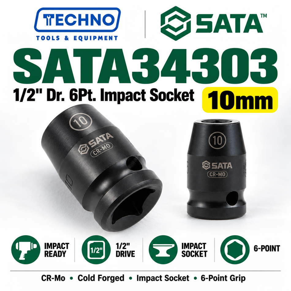 Shop SATA34303-SATA34323 1/2" Dr. 6-point impact sockets, 10mm to 30mm. CR-Mo cold forged for impact resistance. Order online today.