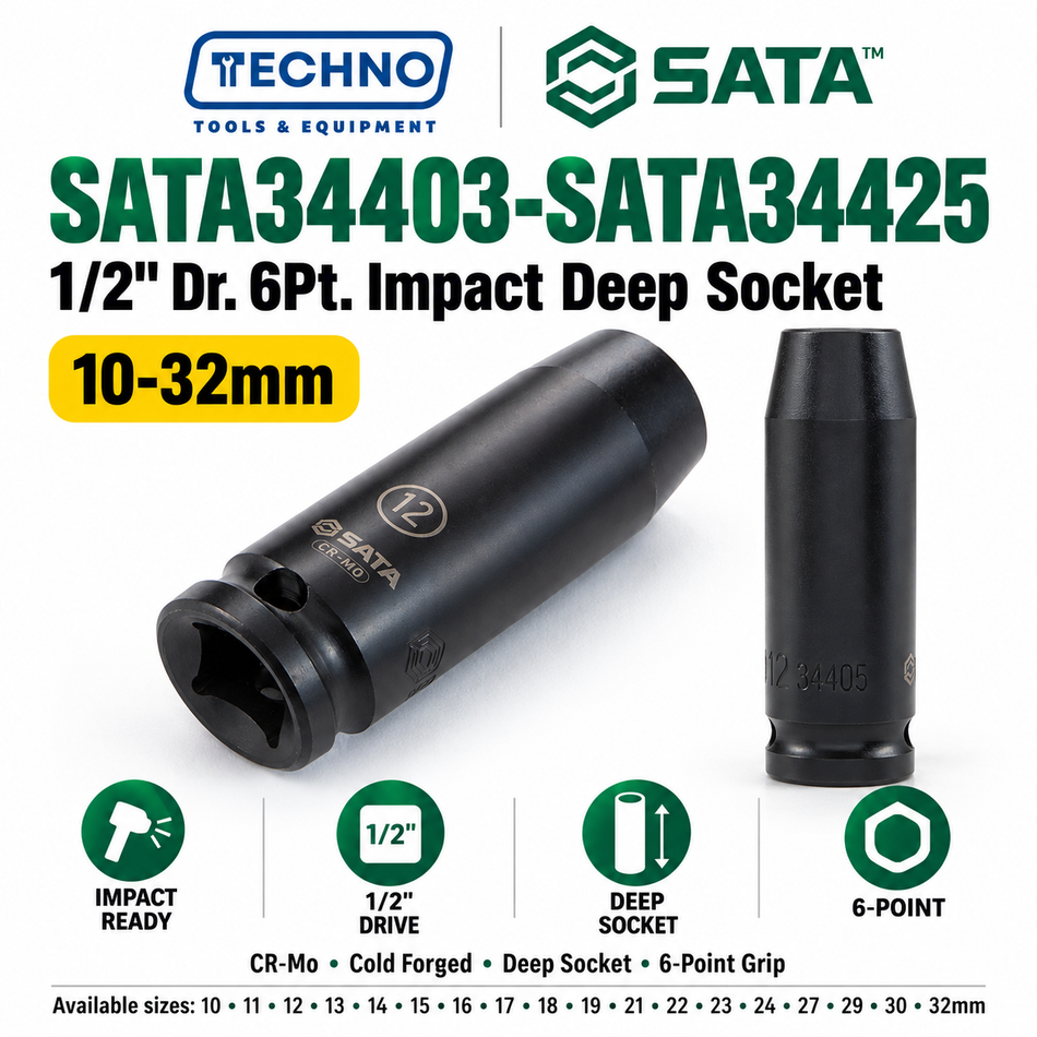 Shop SATA34403-SATA34425 1/2" Dr. 6-point impact deep sockets, 10mm to 32mm. CR-Mo cold forged for impact resistance. Order online today.