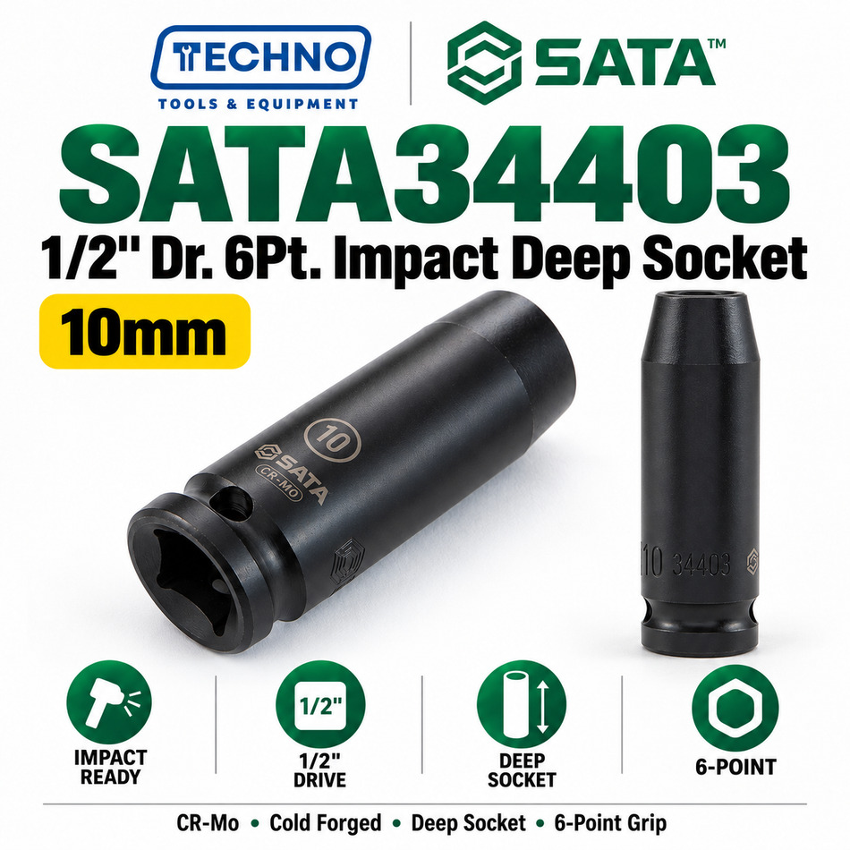 Shop SATA34403-SATA34425 1/2" Dr. 6-point impact deep sockets, 10mm to 32mm. CR-Mo cold forged for impact resistance. Order online today.