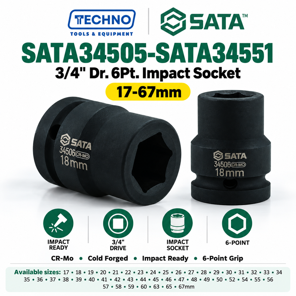 Shop SATA34505-SATA34551 3/4" Dr. 6-point impact sockets, 17mm to 67mm. CR-Mo cold forged for impact resistance. Order online today.