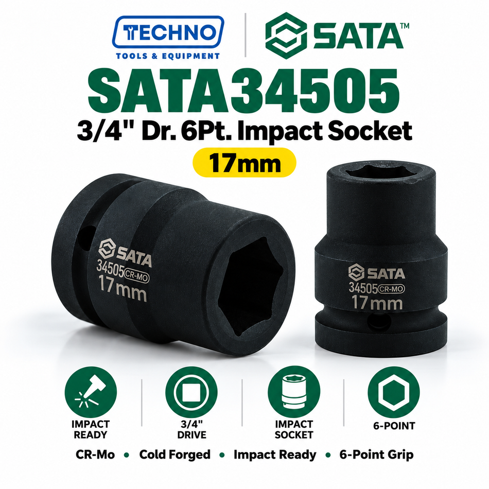 Shop SATA34505-SATA34551 3/4" Dr. 6-point impact sockets, 17mm to 67mm. CR-Mo cold forged for impact resistance. Order online today.
