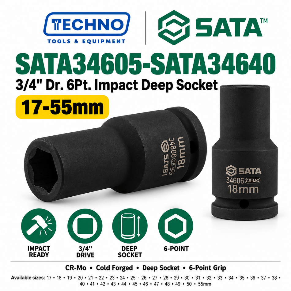 Shop SATA34605-SATA34640 3/4" Dr. 6-point impact deep sockets, 17mm to 55mm. CR-Mo cold forged for impact resistance. Order online today.